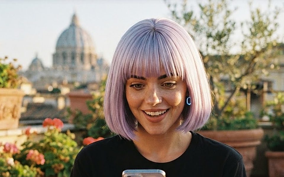 Vera con il telefono in mano, dietro la cupola di San Pietro