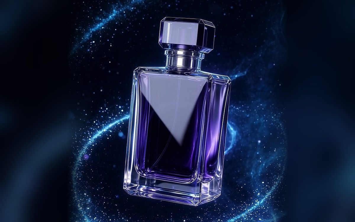 Un flacone di profumo che fluttua nello spazio tra scie di luce blu: il primo spot dimostrativo di Vera