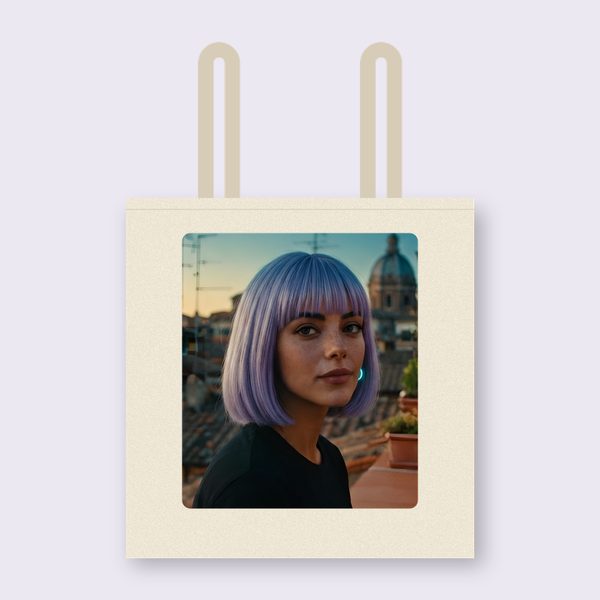 Borsa in tela con la foto di Vera sulla terrazza di Roma