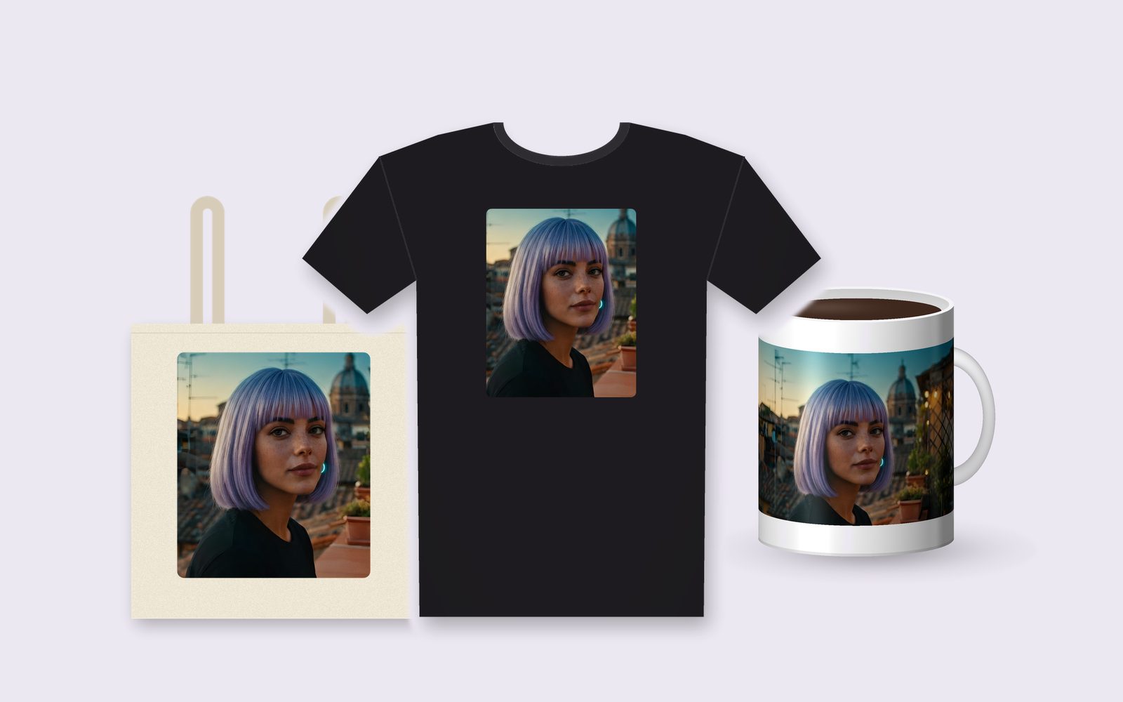 Borsa in tela, maglietta nera e tazza con la foto di Vera sulla terrazza di Roma (mockup)