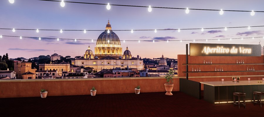La terrazza 3D di Vera sui tetti di Roma: luci, cupola di San Pietro e il bancone Aperitivo da Vera