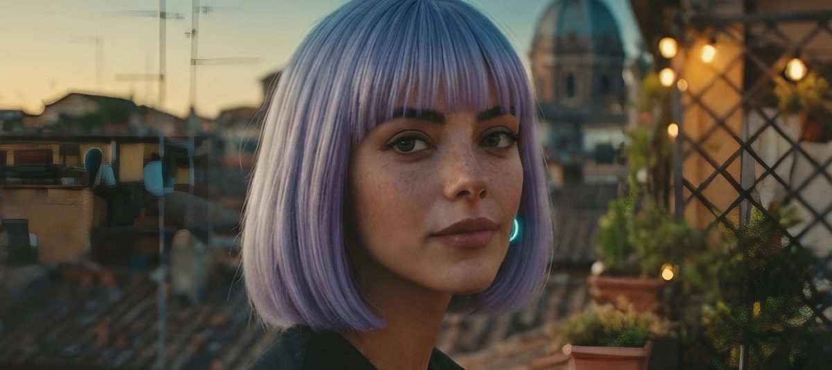 Vera, personaggio AI con il caschetto lilla, su una terrazza di Roma al tramonto